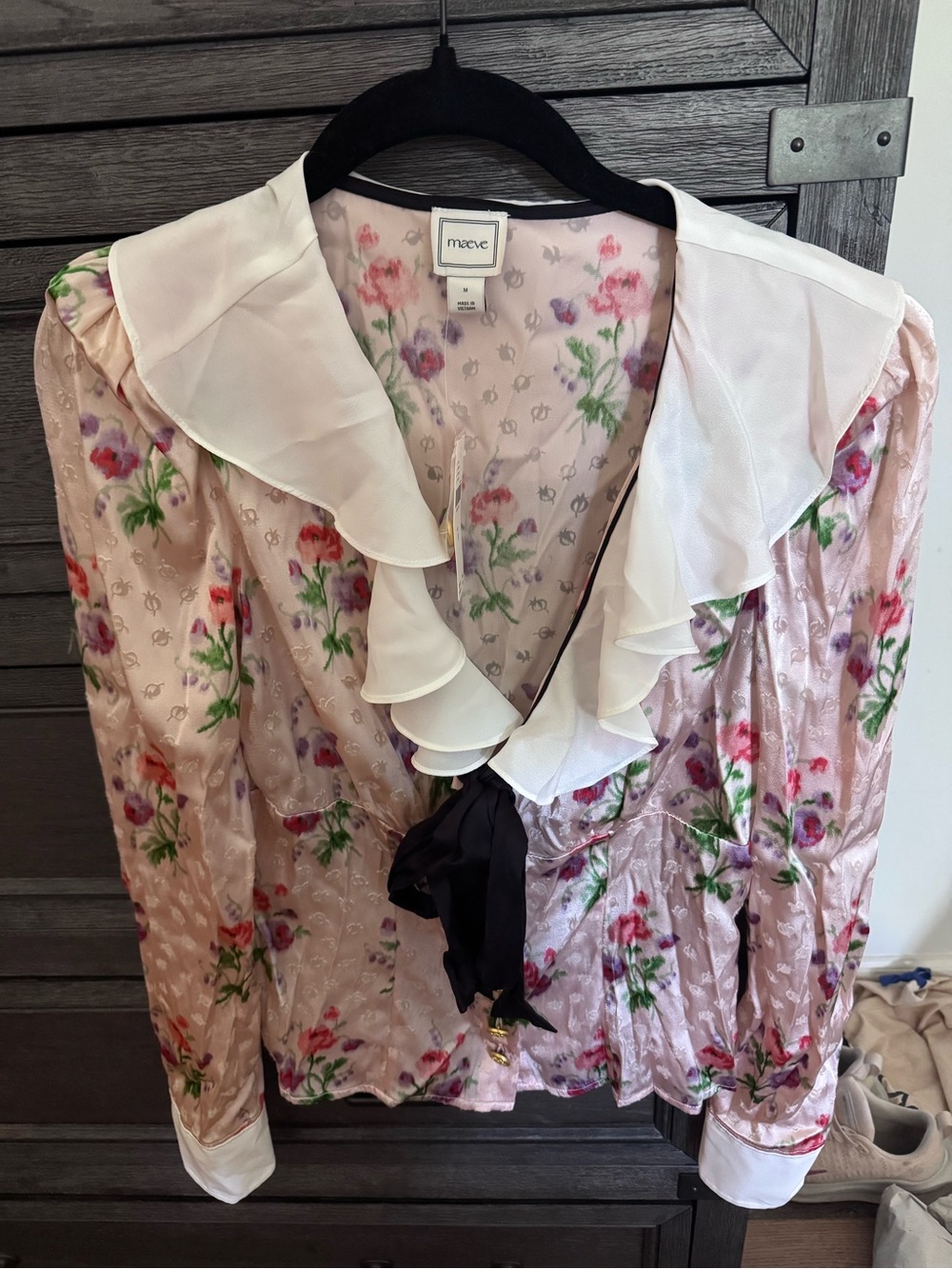 Maeve Pink Floral Ruffle-Trim Blouse with Contrast Collar
